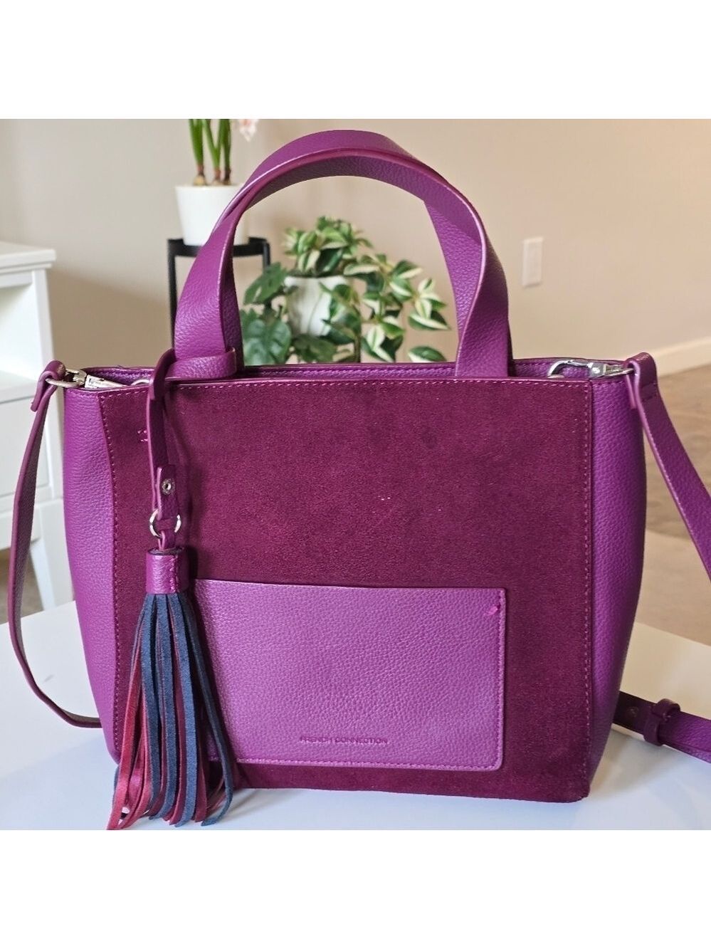 French connection faux leather crossbody shoulder bag color burgundy